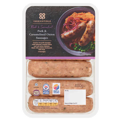 Co-op Irresistible 6 Pork & Caramelised Onion Sausages