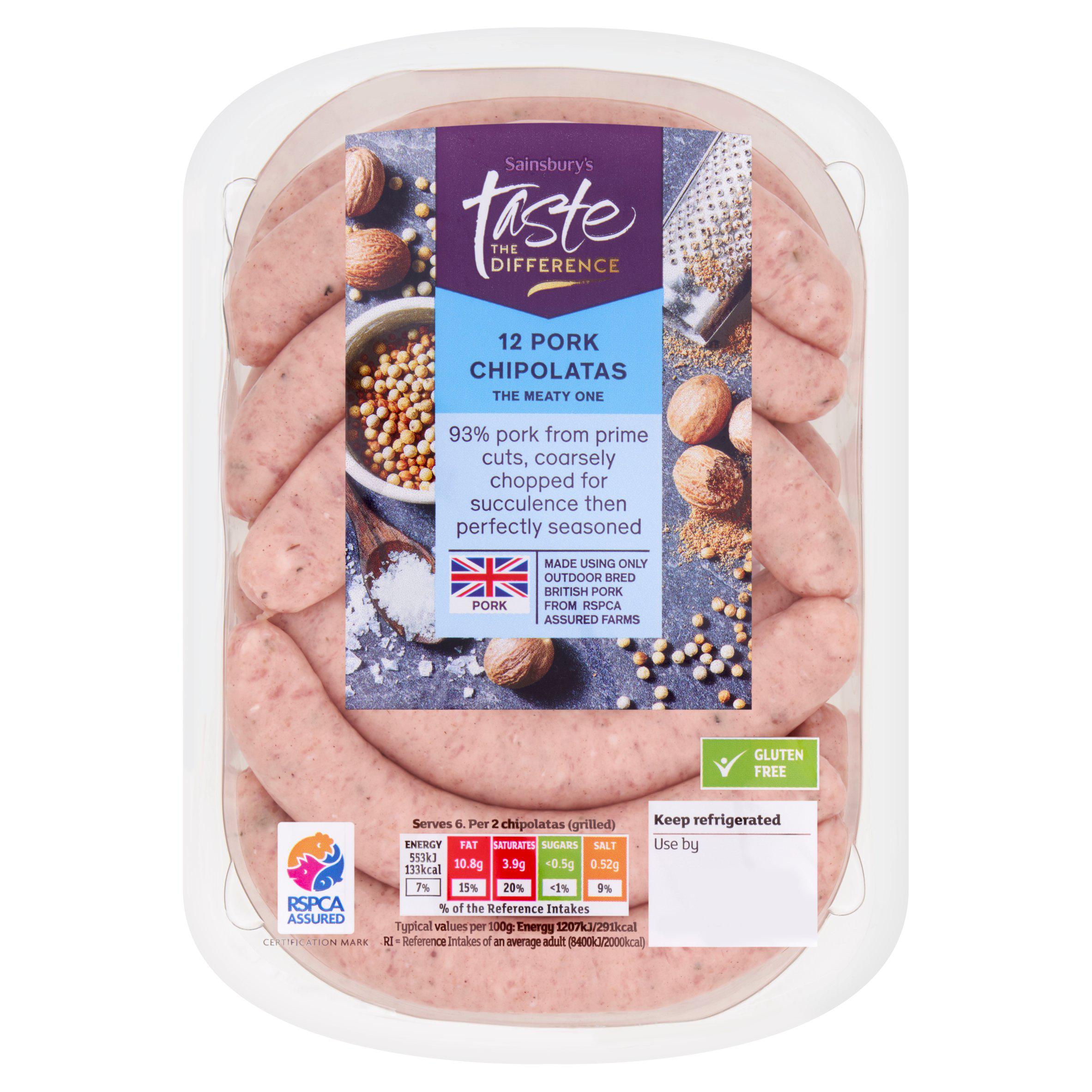 Sainsbury's British Pork Chipolata sausages, Taste the Difference x12 375g